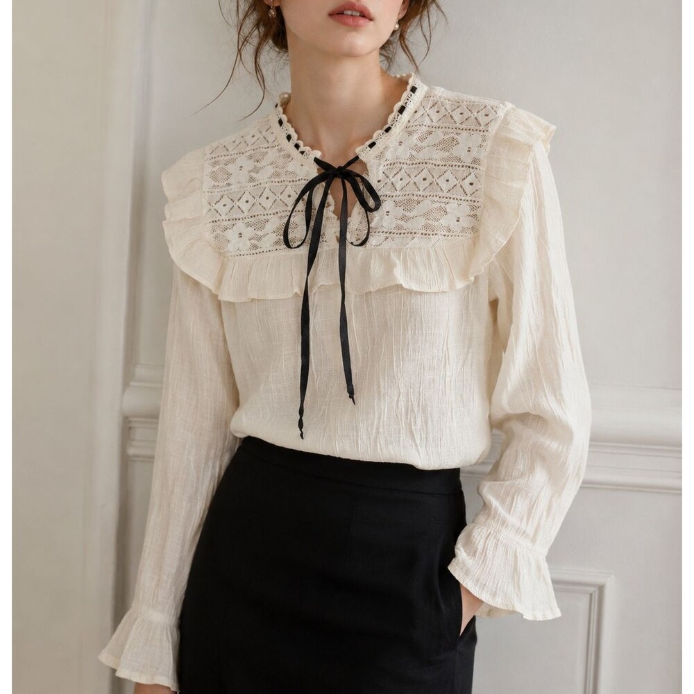 Cottagecore Lace Blouse M Ivory Ruffle Bow Victorian Prairie Boho Romantic Top